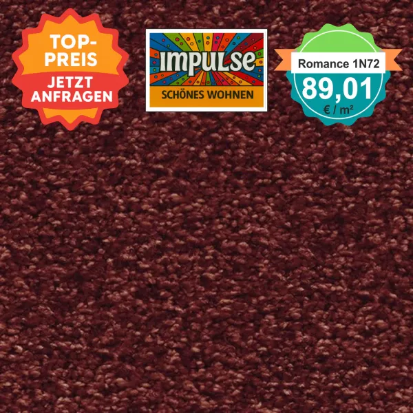 Teppichmuster mit Label „Impulse WOLFSBURG“ und Badge „Romance 1N72 – 89,91 €/m²“